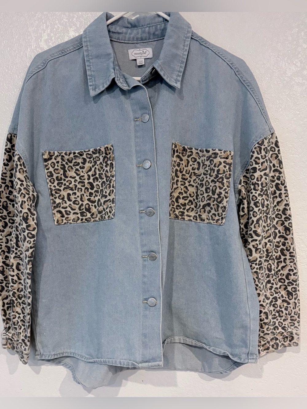 Mud Pie Leopard Sleeve Denim Shacket Oversized Shirt Jacket S/M